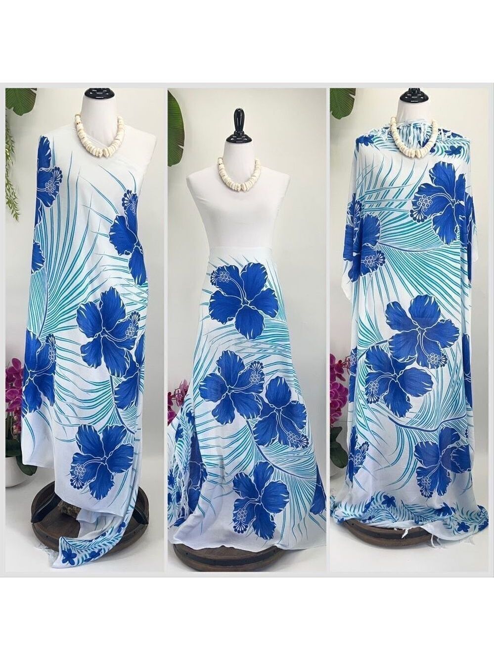Hawaiian Floral Hibiscus Blue & WhiteMAXI SARONG Kīkepa Pareo Beach Wrap Skirt